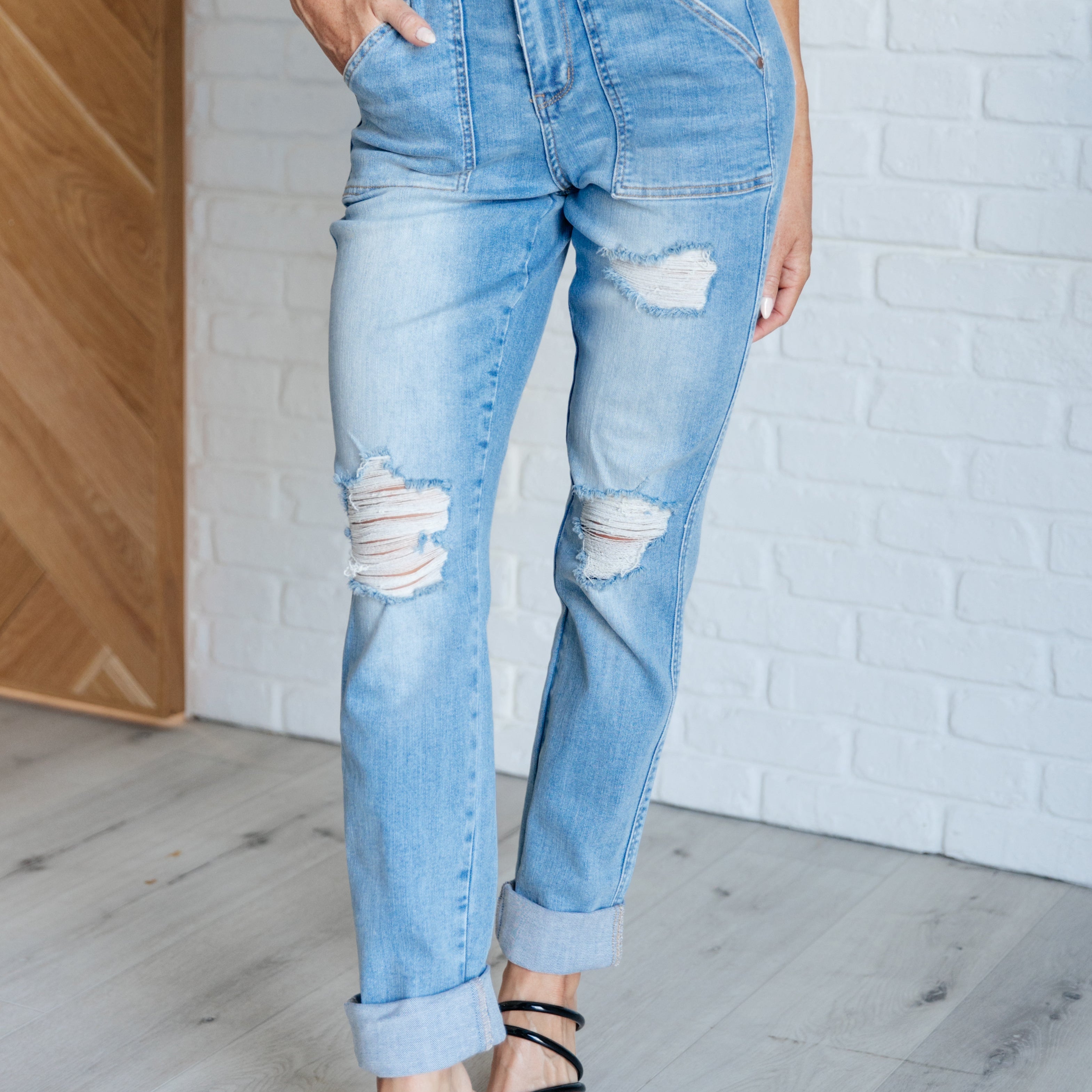 Judy Blue - Aiden High Rise Patch Pocket Distressed Boyfriend Jeans