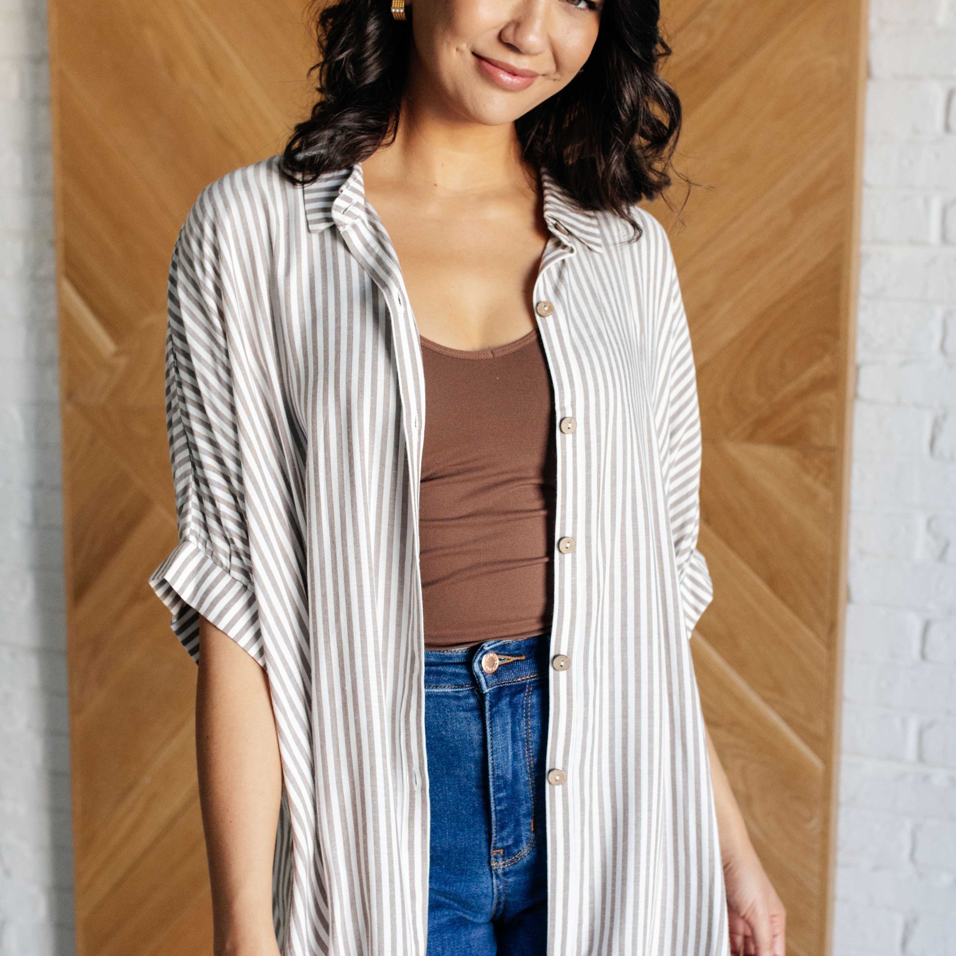 Boxy Striped Button Up in Mocha