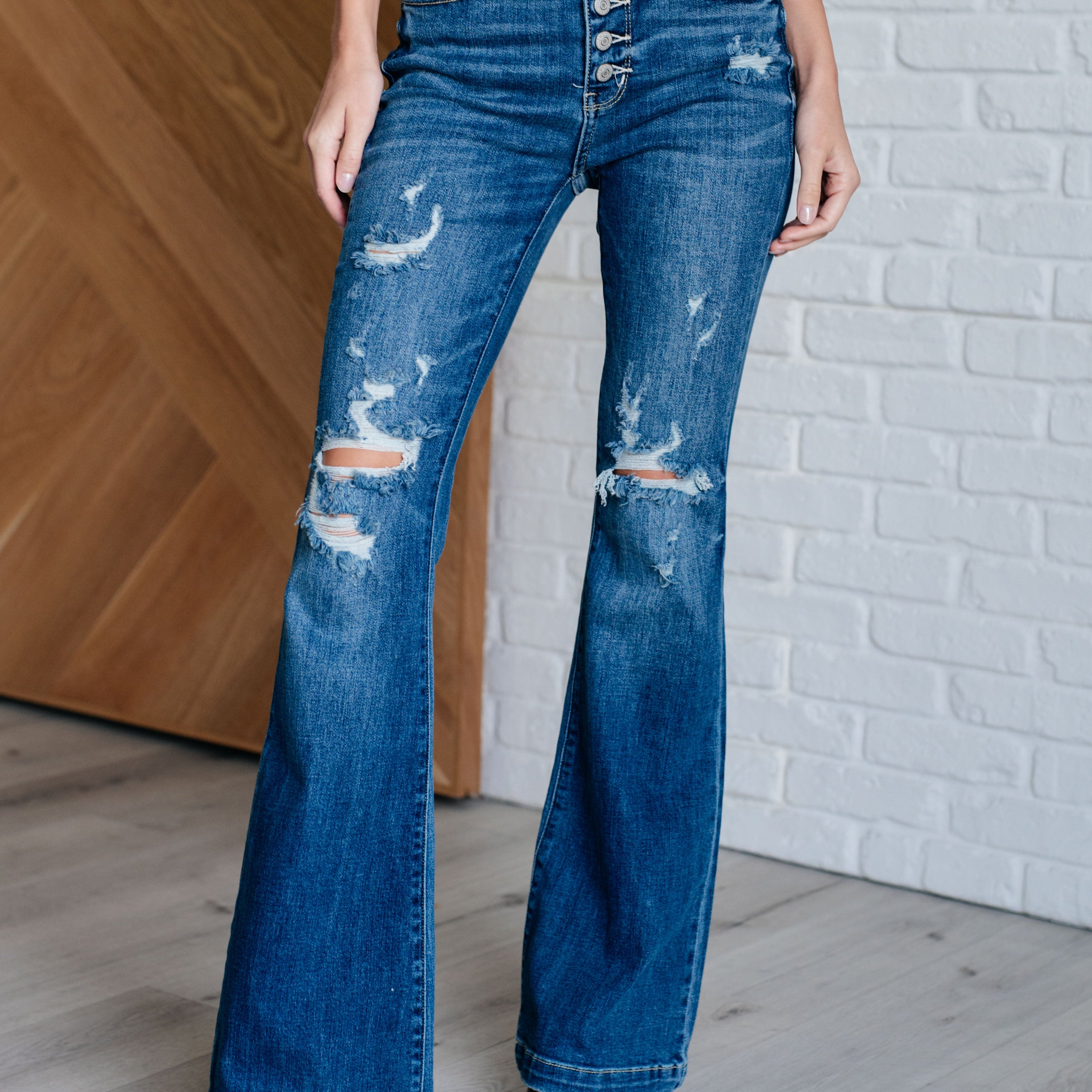 Judy Blue - Gabriella Mid Rise Distressed Button Fly Flare Jeans