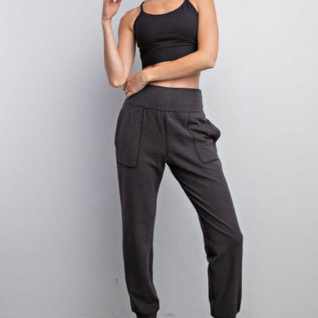 Rib Brushed Full Length Jogger Pant in Black