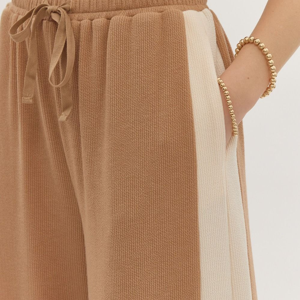 Solid Ribbed Contrast Trim Wide Leg Pants in Camel