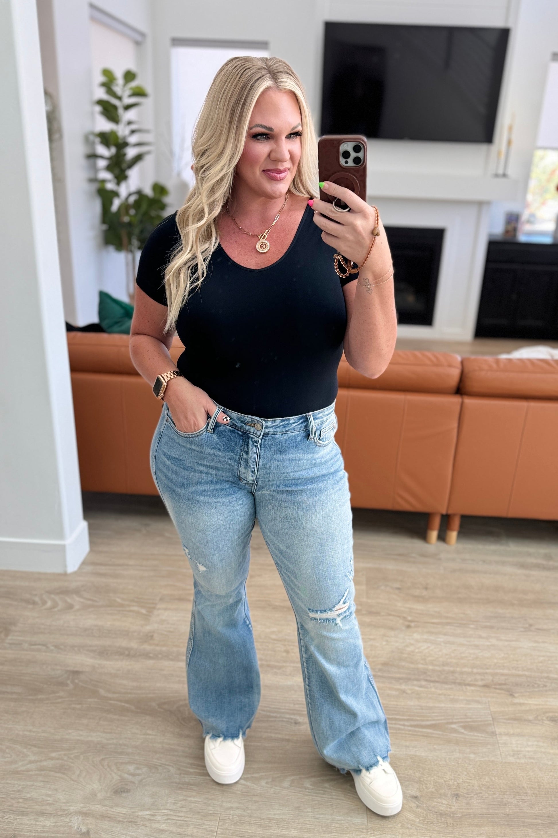 Judy Blue - Caroline Mid Rise Control Top Distressed Flare Jeans
