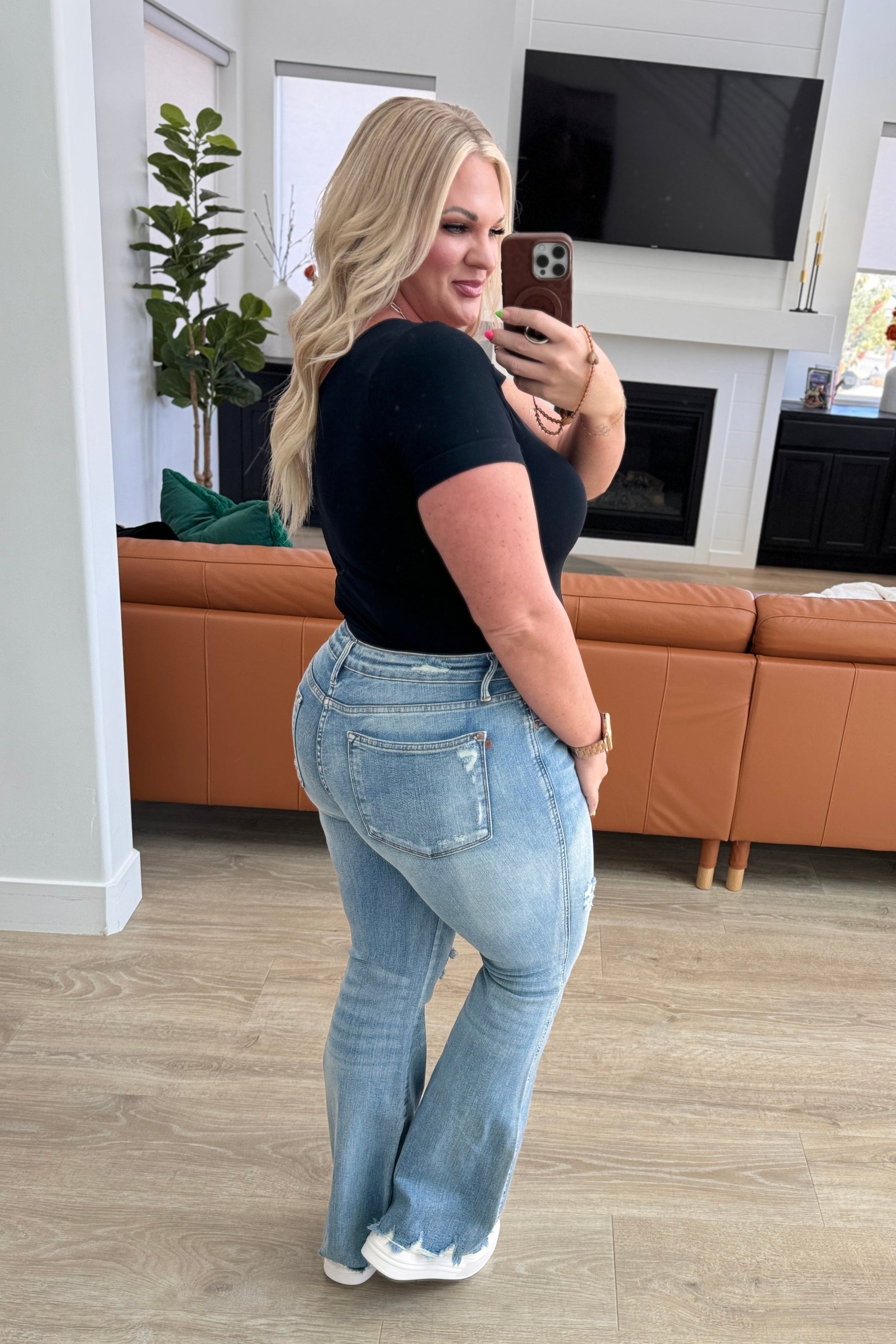 Judy Blue - Caroline Mid Rise Control Top Distressed Flare Jeans