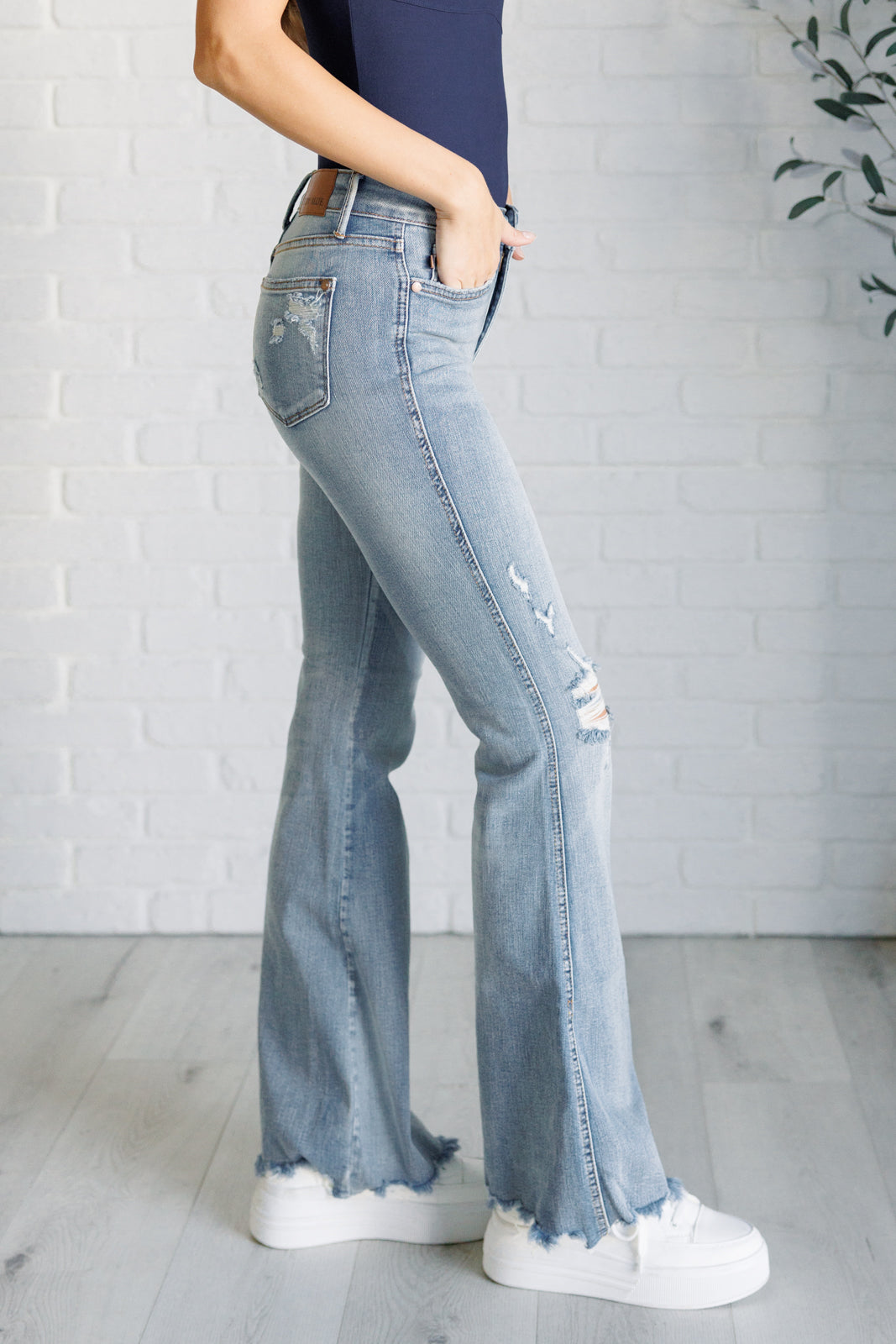 Judy Blue - Caroline Mid Rise Control Top Distressed Flare Jeans