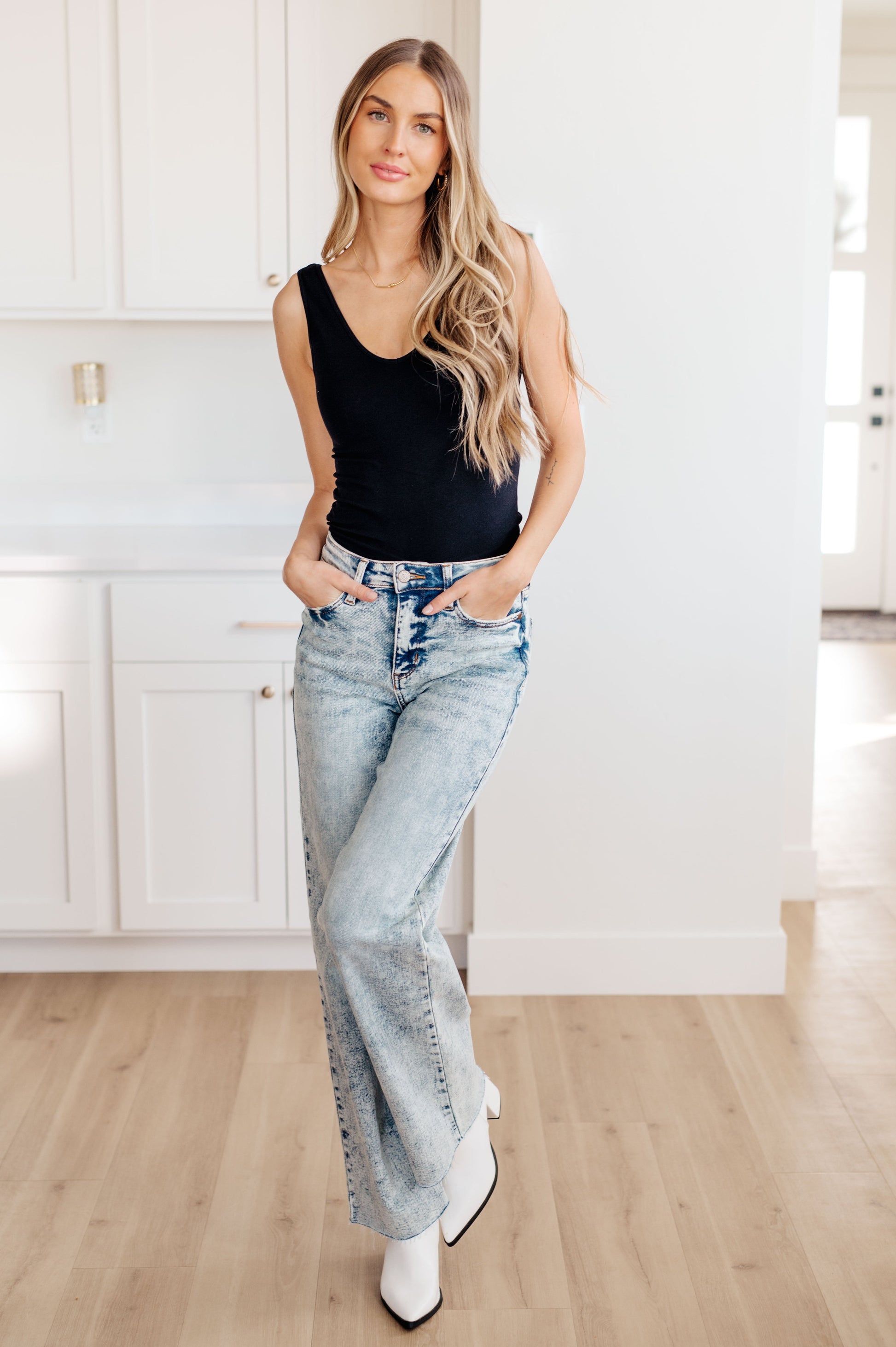 Judy Blue - Dory High Waist Mineral Wash Raw Hem Wide Leg Jeans