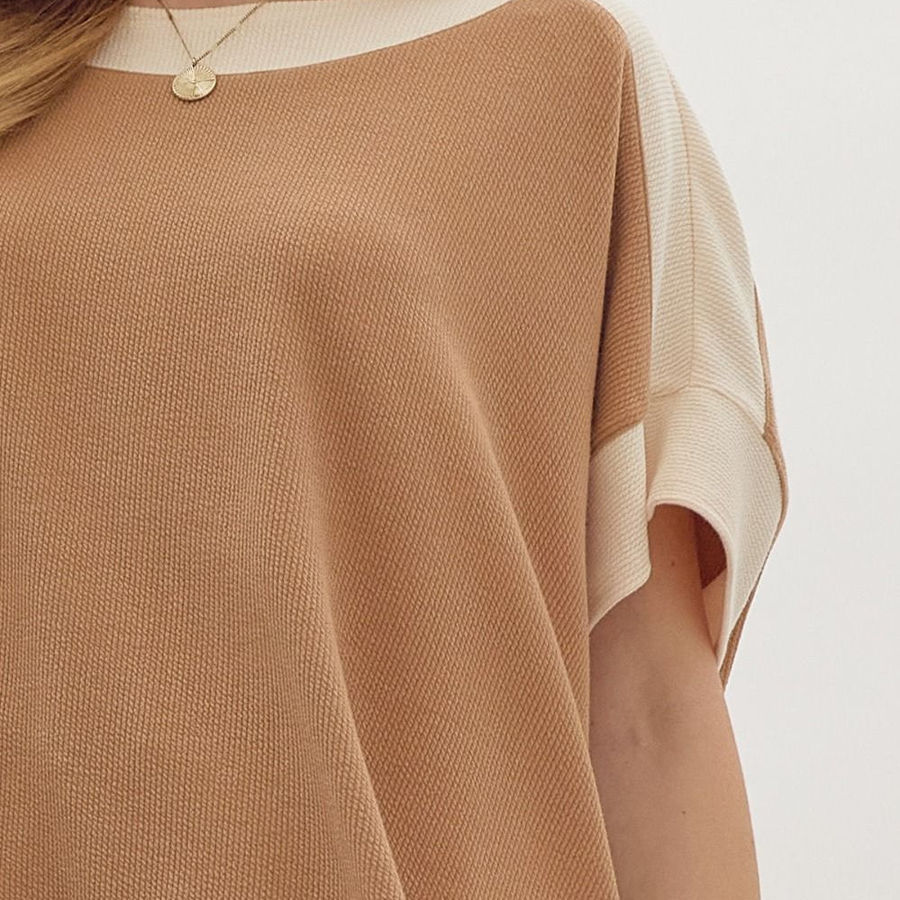 Solid Ribbed Contrast Trim Boatneck Top in Camel